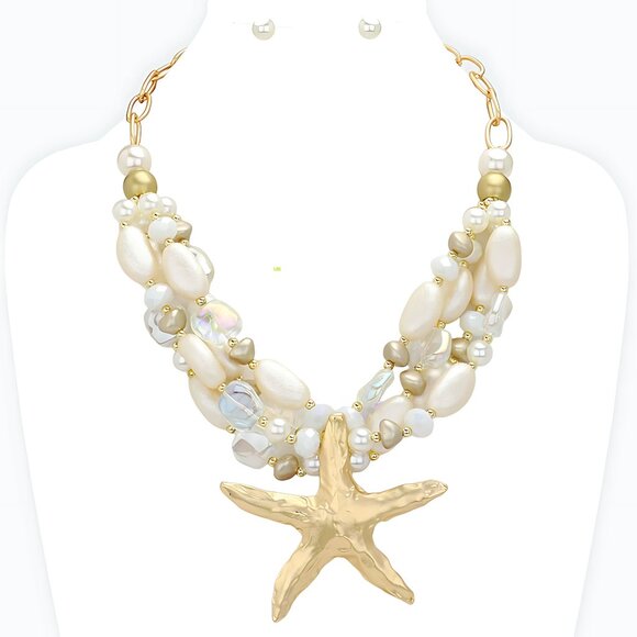 Textured Gold Plated Starfish Pendant Pearl Pebble Beaded Layered Necklace NEW - Picture 3 of 4